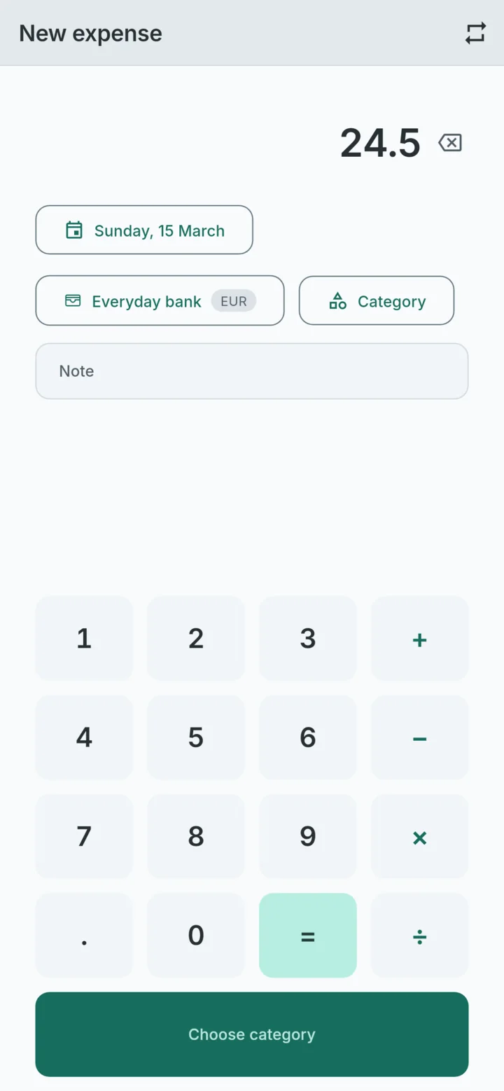 A new expense with the built-in calculator keypad.