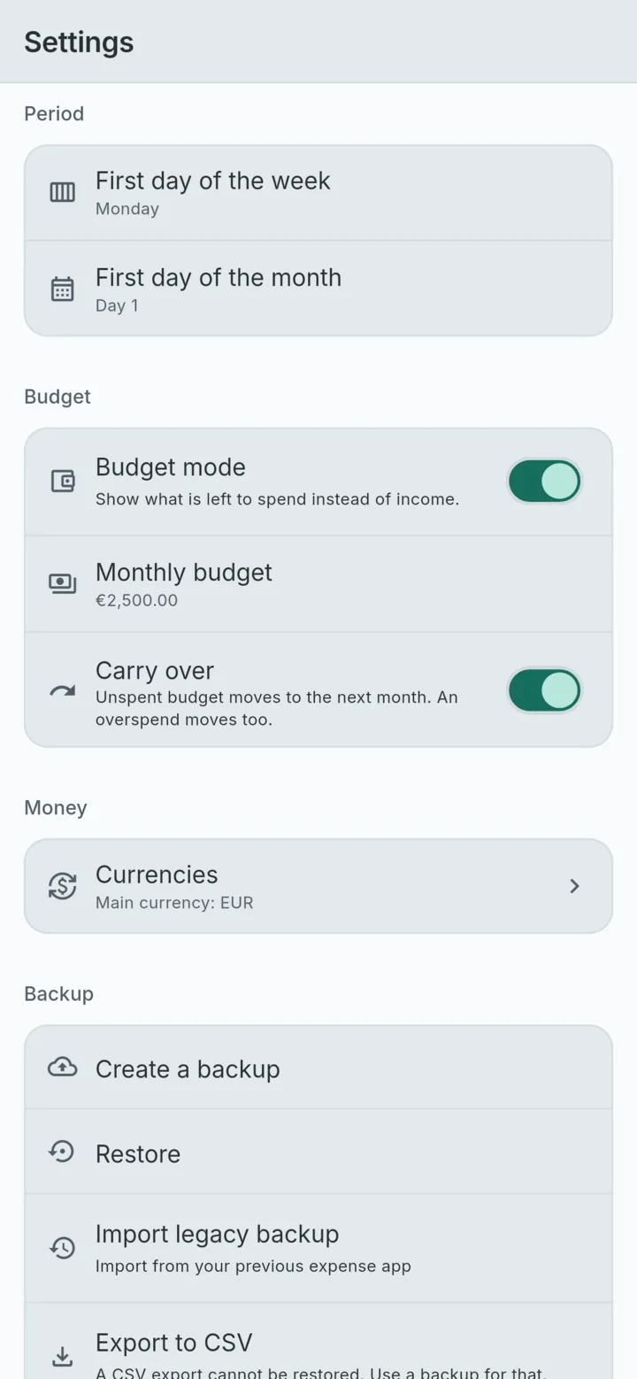 Settings for the period, budget mode, carry-over, currencies and backup.